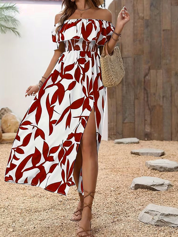 Ditsy Floral Patten Off the Shoulder Slit Vacation Dress