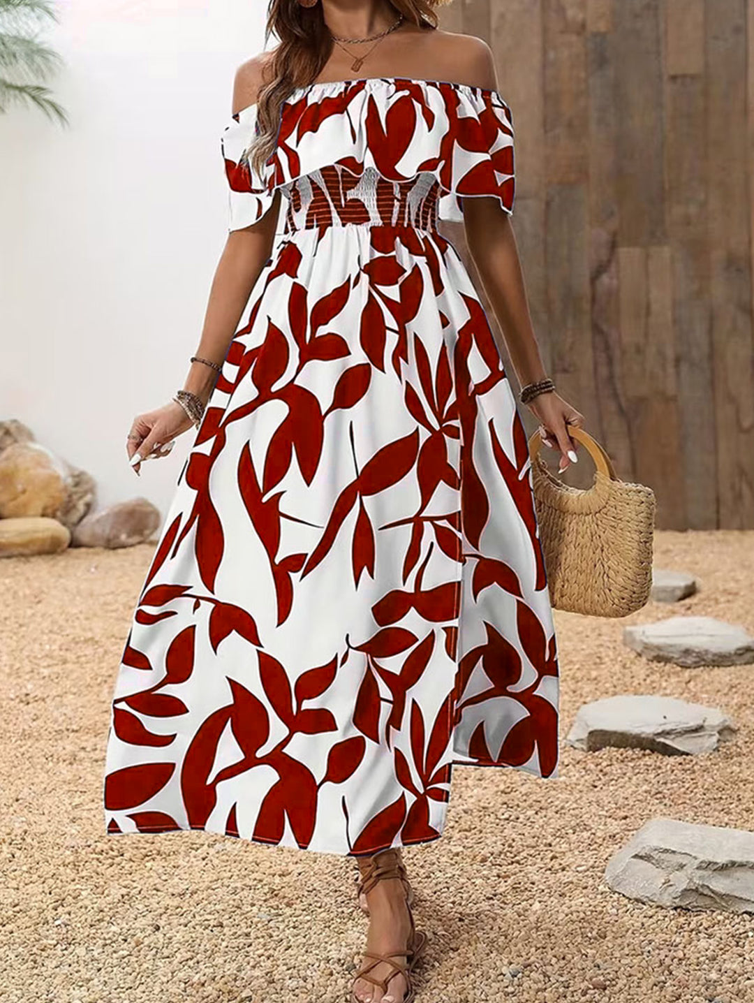 Ditsy Floral Patten Off the Shoulder Slit Vacation Dress
