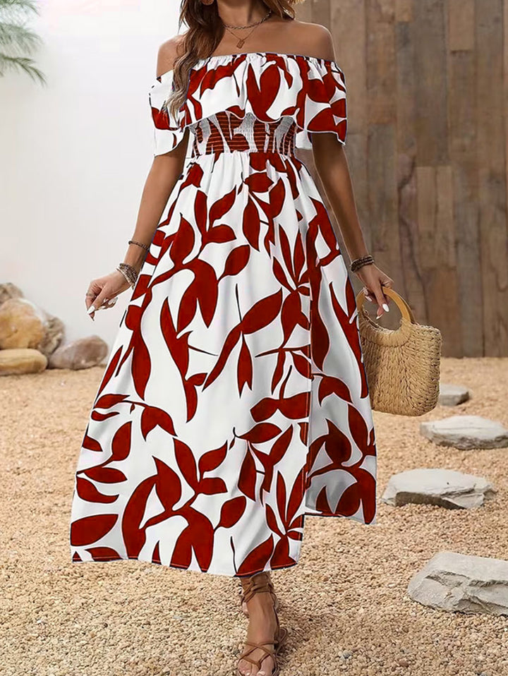 Ditsy Floral Patten Off the Shoulder Slit Vacation Dress