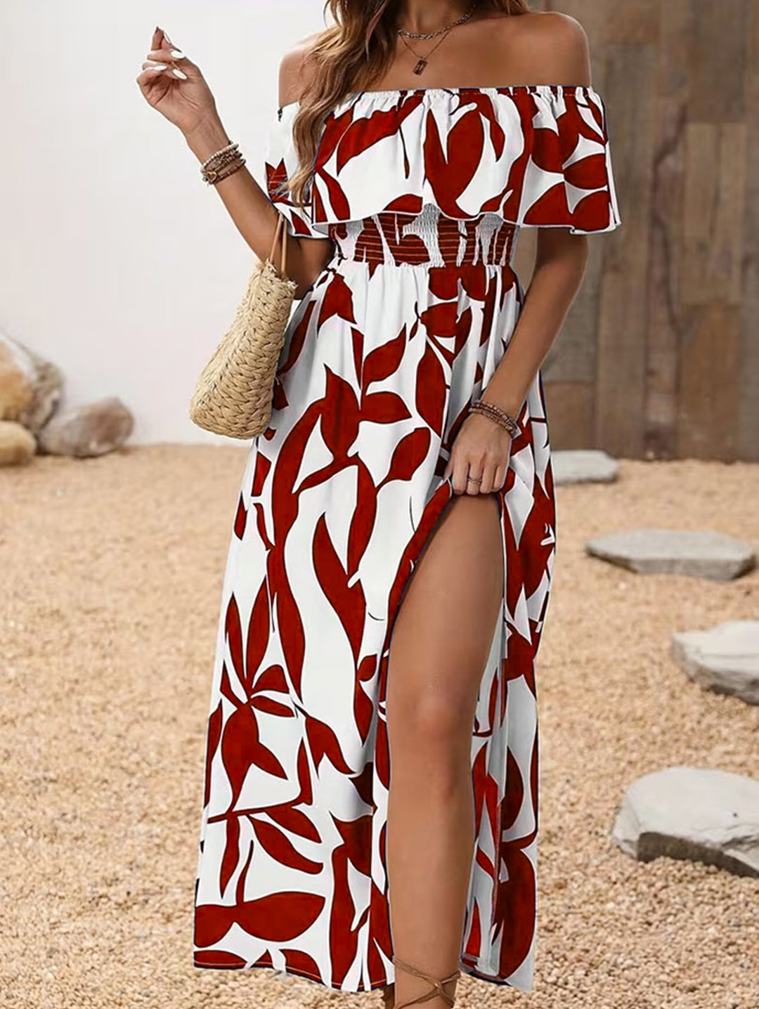 Ditsy Floral Patten Off the Shoulder Slit Vacation Dress
