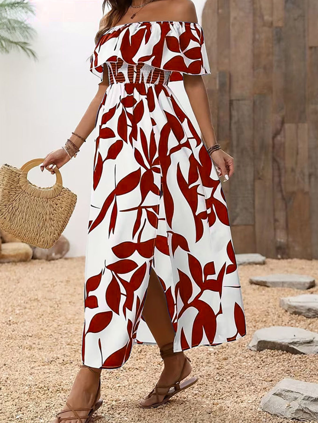 Ditsy Floral Patten Off the Shoulder Slit Vacation Dress