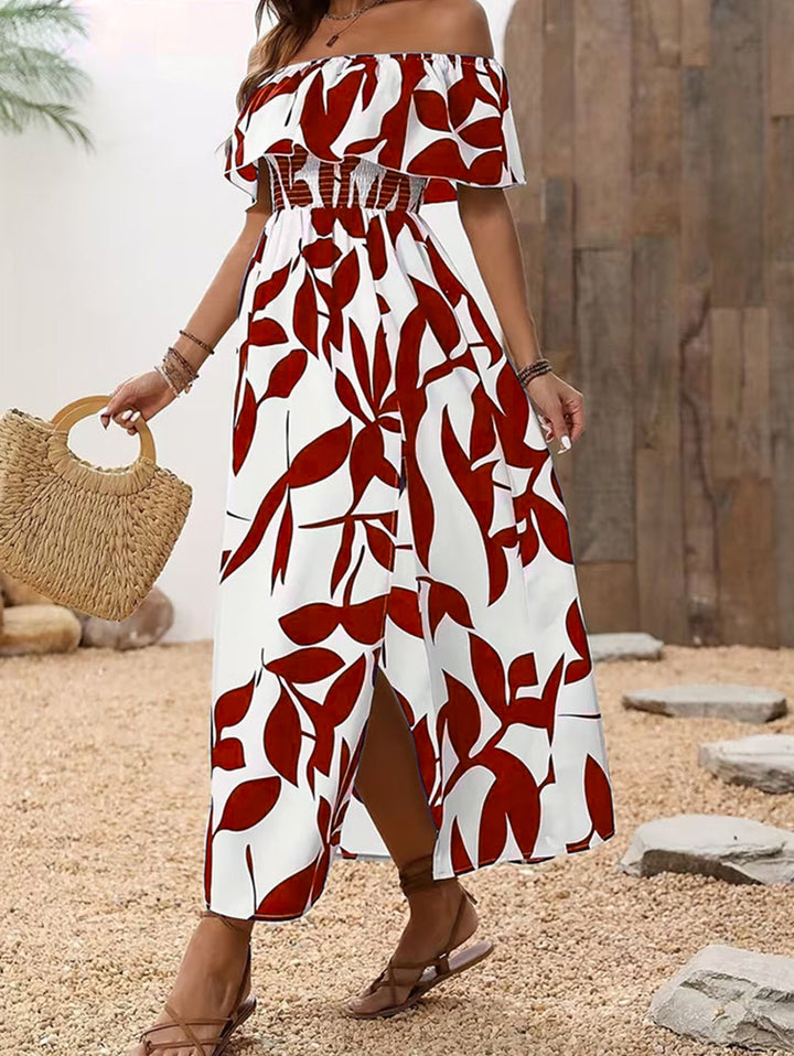 Ditsy Floral Patten Off the Shoulder Slit Vacation Dress