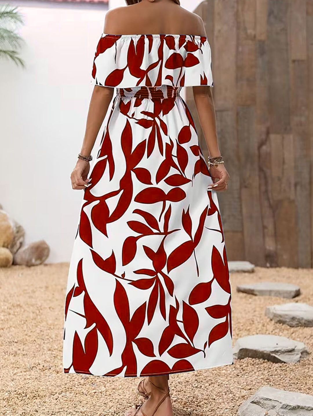 Ditsy Floral Patten Off the Shoulder Slit Vacation Dress