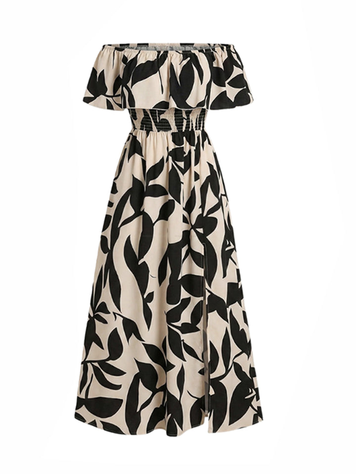 Ditsy Floral Patten Off the Shoulder Slit Vacation Dress