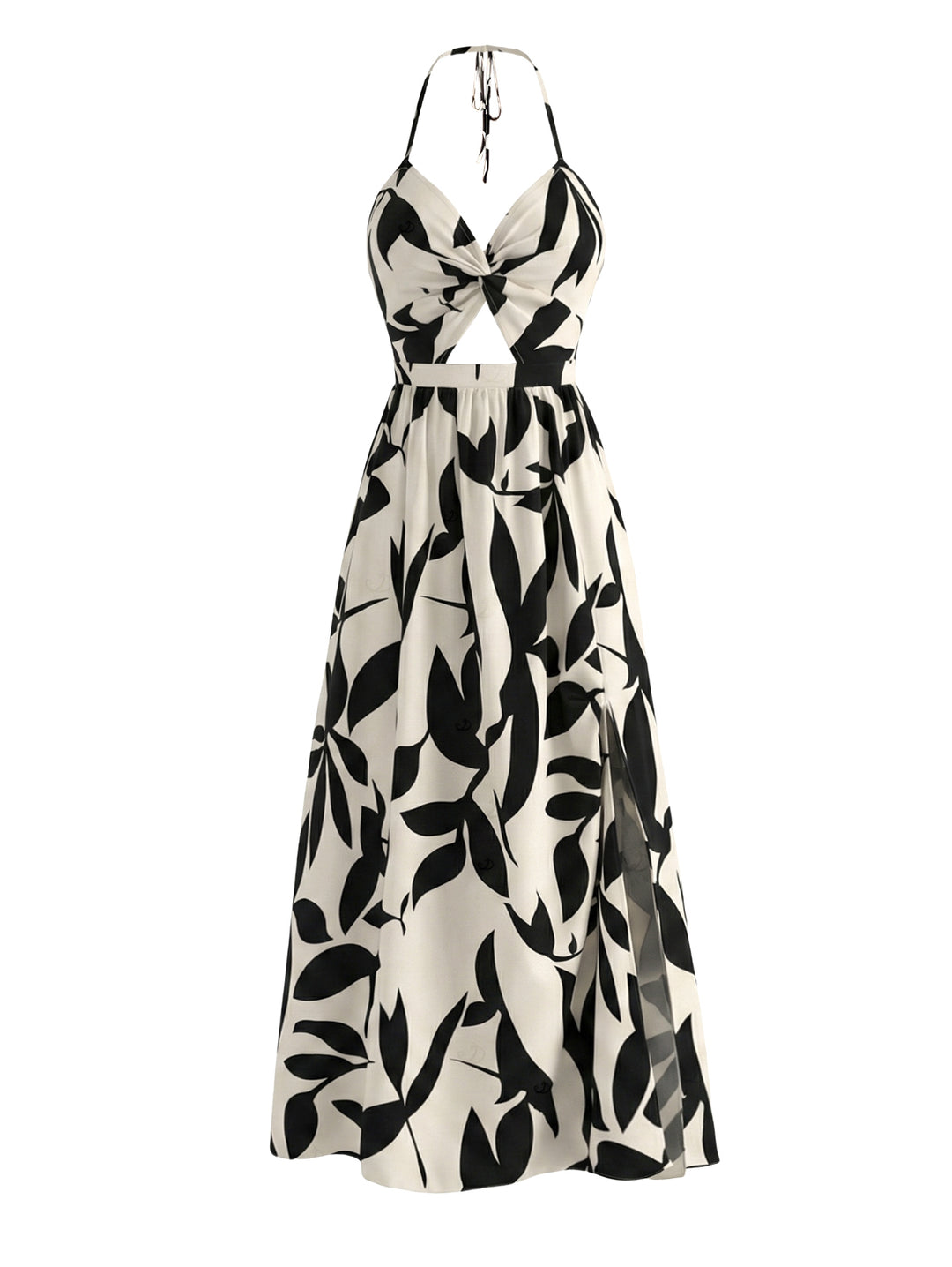 Minimalist Leaf Pattern Twisted Cut Out Slit Halter Maxi Vacation Dress