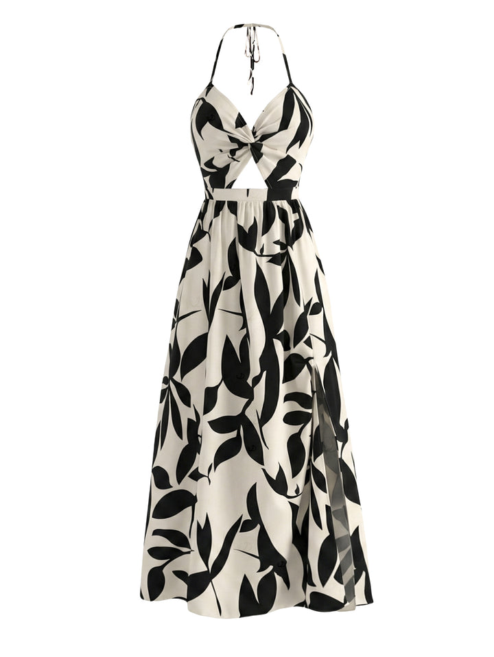 Minimalist Leaf Pattern Twisted Cut Out Slit Halter Maxi Vacation Dress