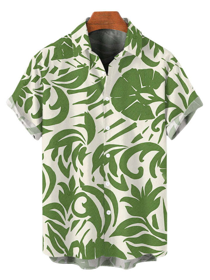 Men's Botanical Leaf Scroll Silhouette Print Button Up Vacation Shirt