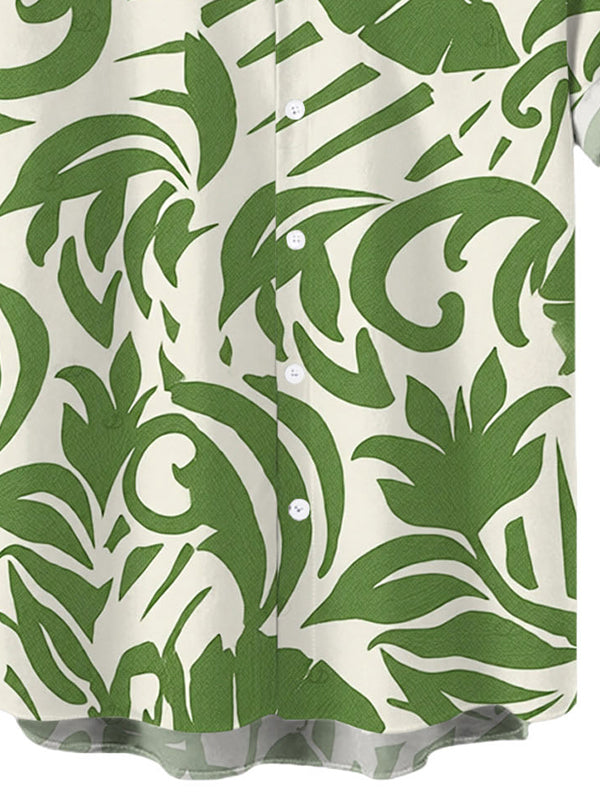 Men's Botanical Leaf Scroll Silhouette Print Button Up Vacation Shirt