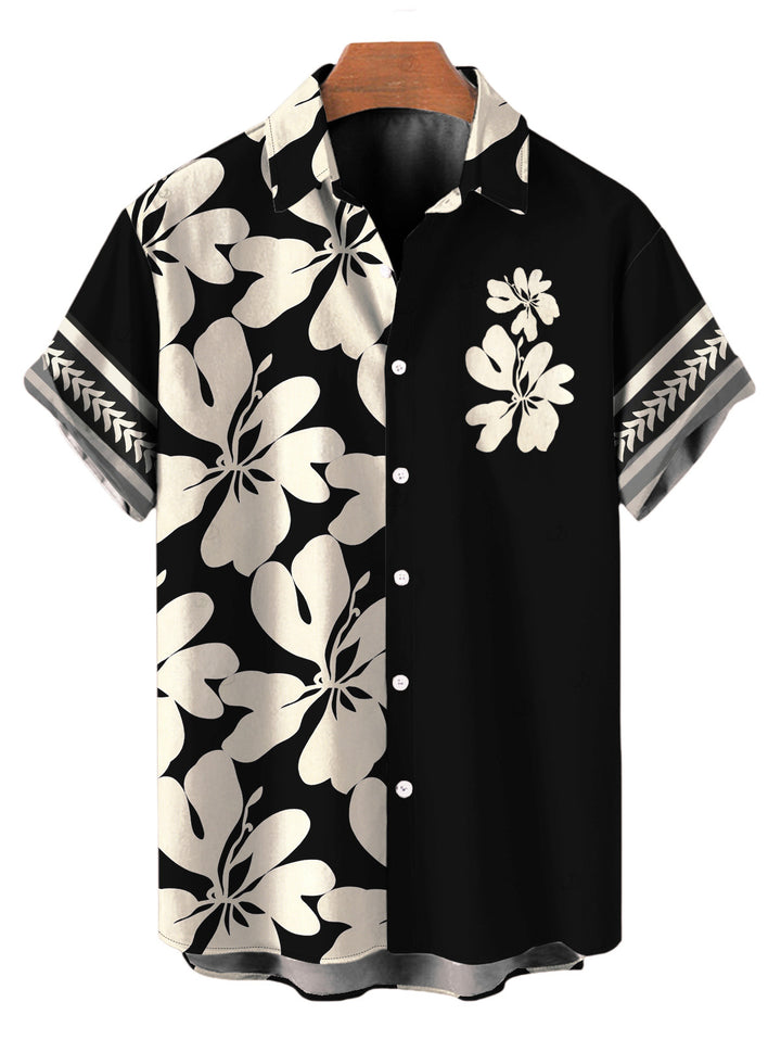 Men's Tribal Plumeria Floral Print Button Up Hawaiian Shirt