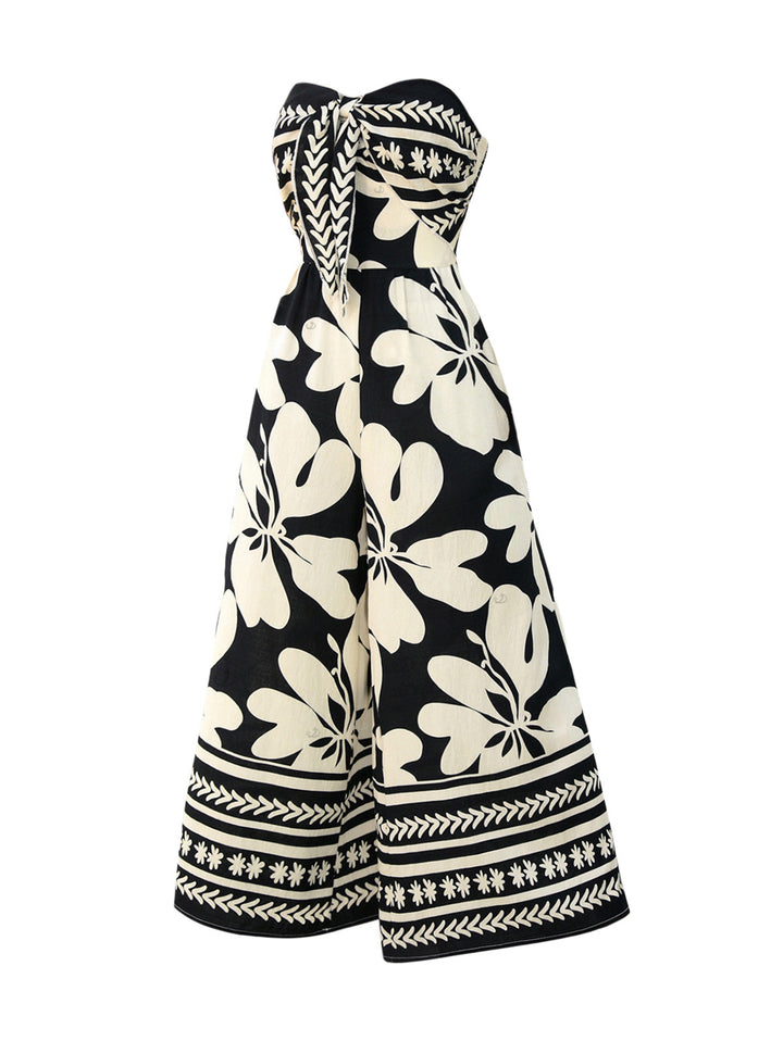 Colorblock Tribal Floral Print Bowknot Off the Shoulder Bohemian Jumpsuit