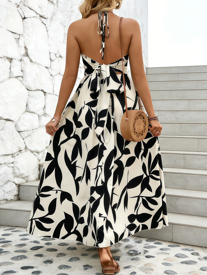 Minimalist Leaf Pattern Twisted Cut Out Slit Halter Maxi Vacation Dress