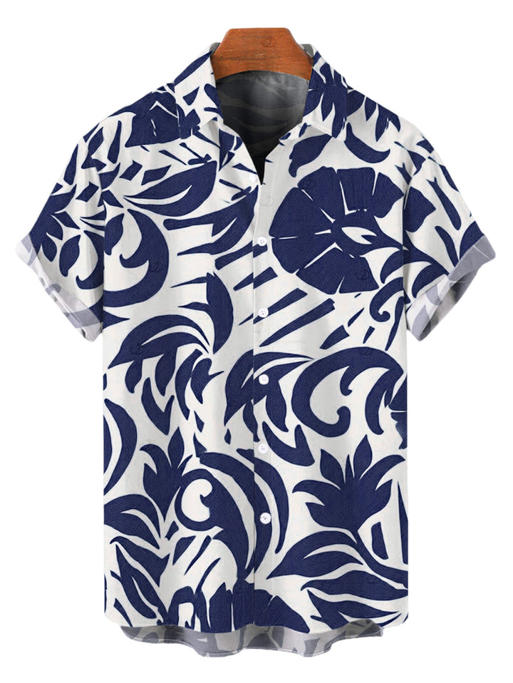 Men's Botanical Leaf Scroll Silhouette Print Button Up Vacation Shirt