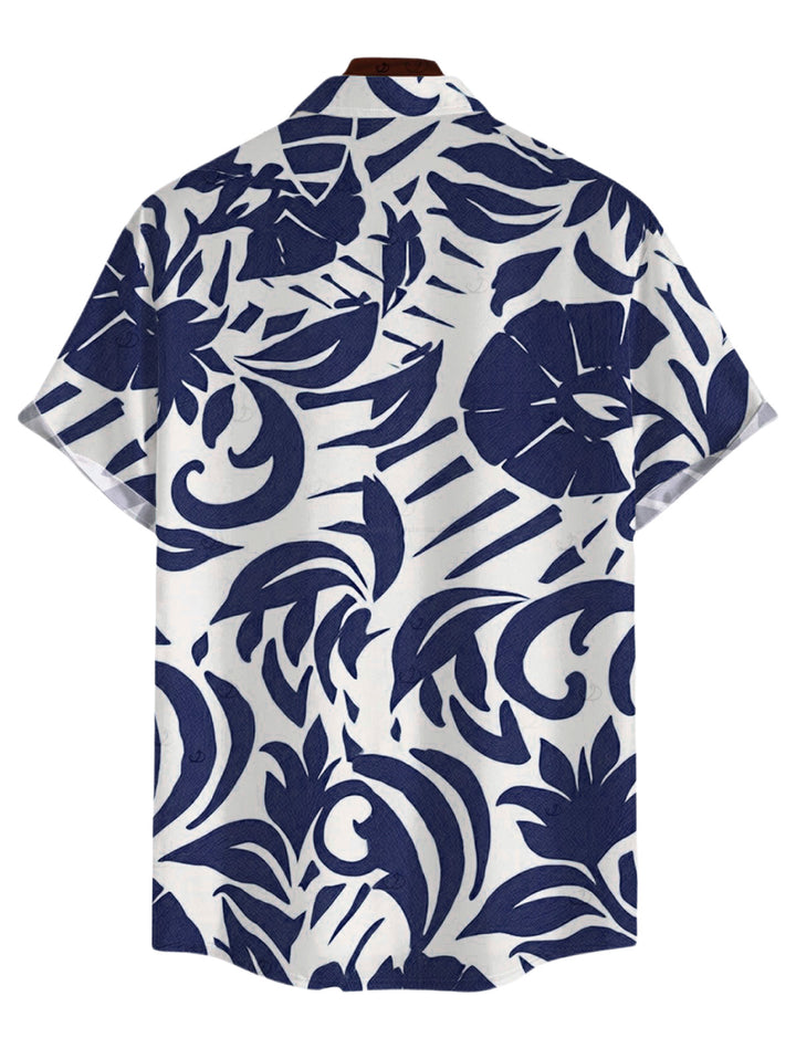 Men's Botanical Leaf Scroll Silhouette Print Button Up Vacation Shirt