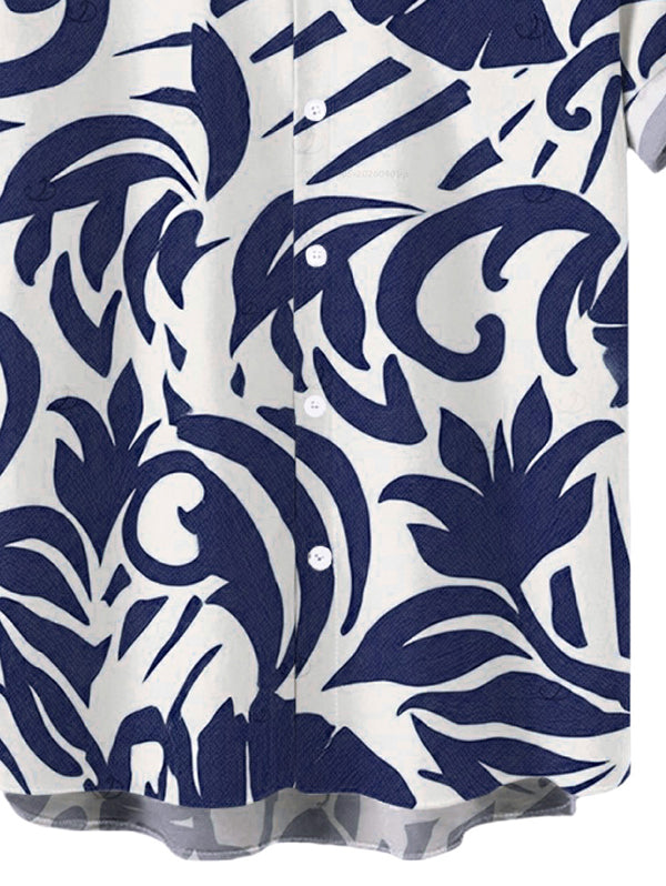 Men's Botanical Leaf Scroll Silhouette Print Button Up Vacation Shirt