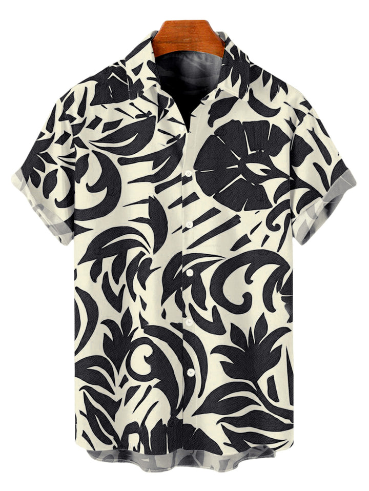 Men's Botanical Leaf Scroll Silhouette Print Button Up Vacation Shirt
