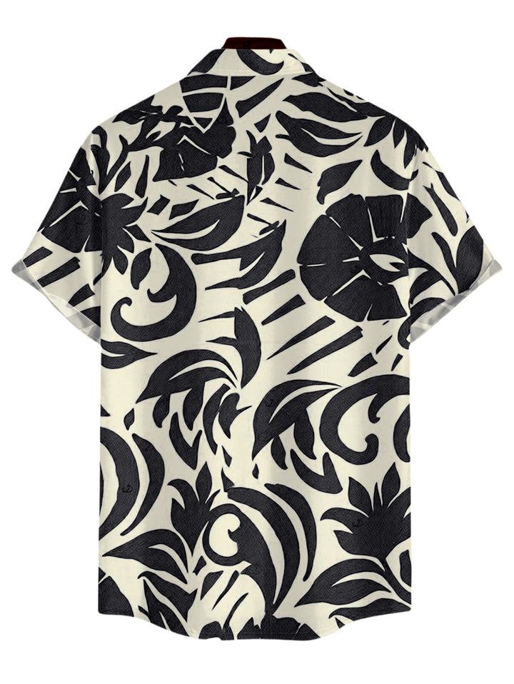 Men's Botanical Leaf Scroll Silhouette Print Button Up Vacation Shirt