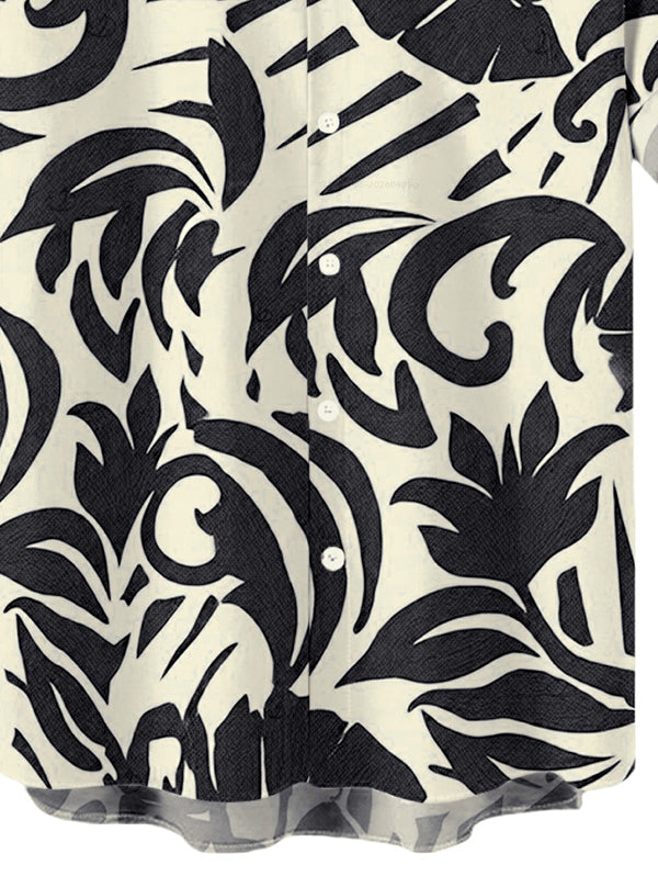 Men's Botanical Leaf Scroll Silhouette Print Button Up Vacation Shirt
