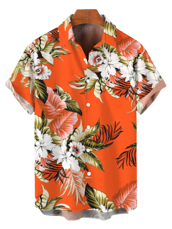 Men's Tropical Floral Palm Leaf Print Button Up Vacation Shirt