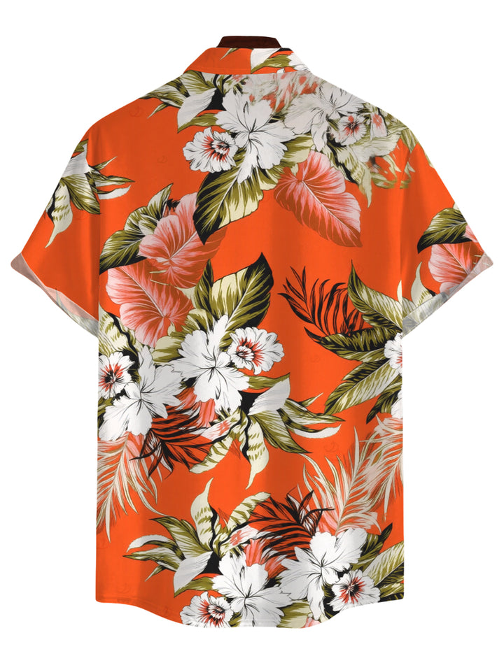 Men's Tropical Floral Palm Leaf Print Button Up Vacation Shirt