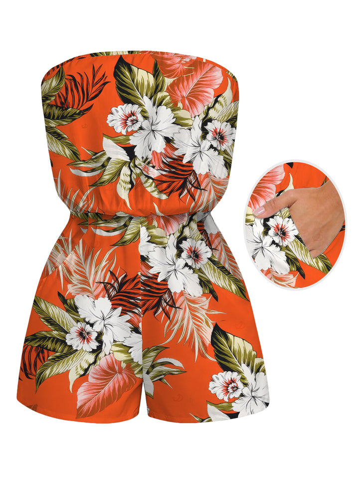 Tropical Floral Palm Leaf Print Pocket Off the Shoulder Vacation Romper