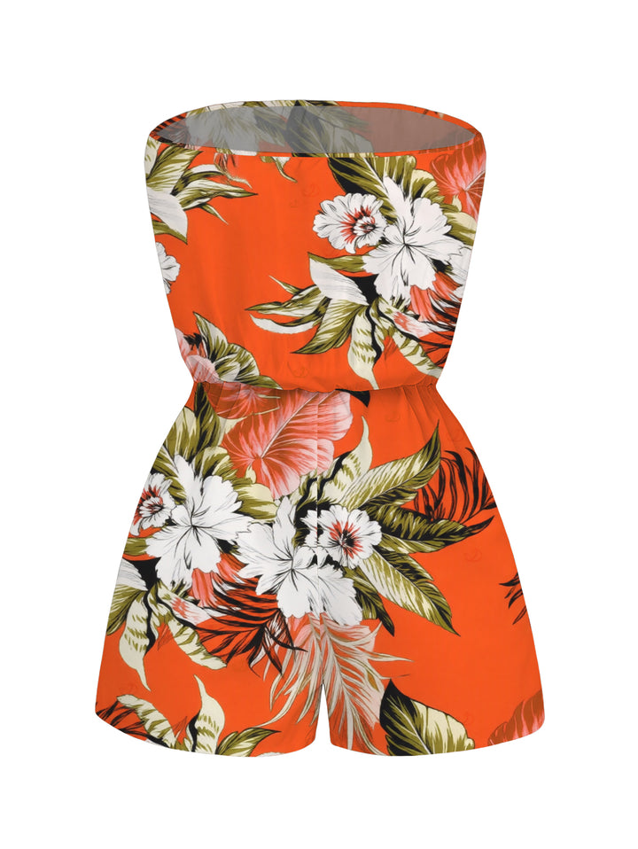 Tropical Floral Palm Leaf Print Pocket Off the Shoulder Vacation Romper
