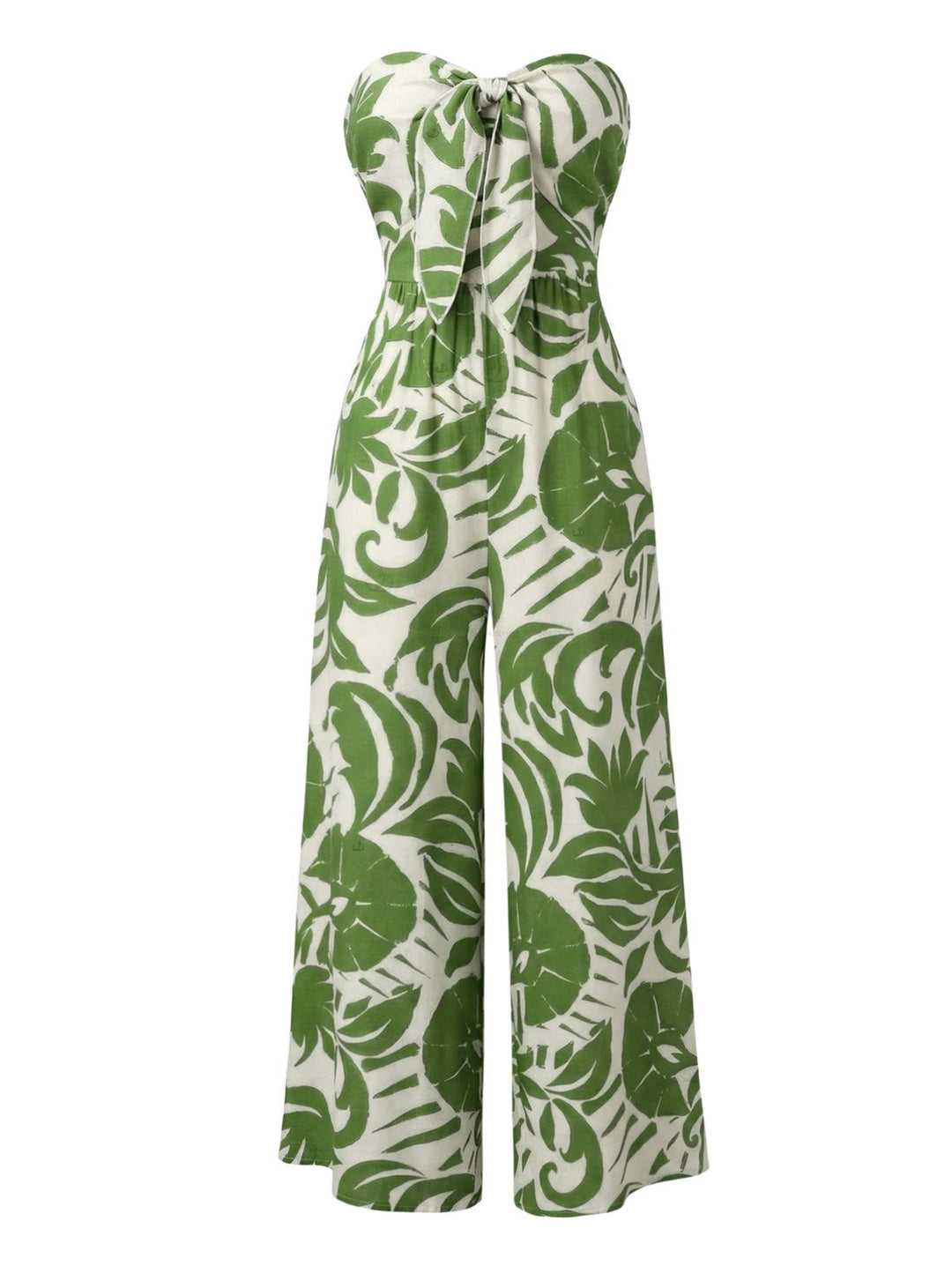 Botanical Leaf Silhouette Print Bowknot Wide Leg Jumpsuit