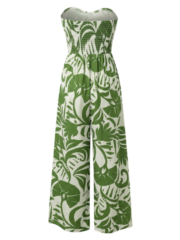 Botanical Leaf Silhouette Print Bowknot Wide Leg Jumpsuit