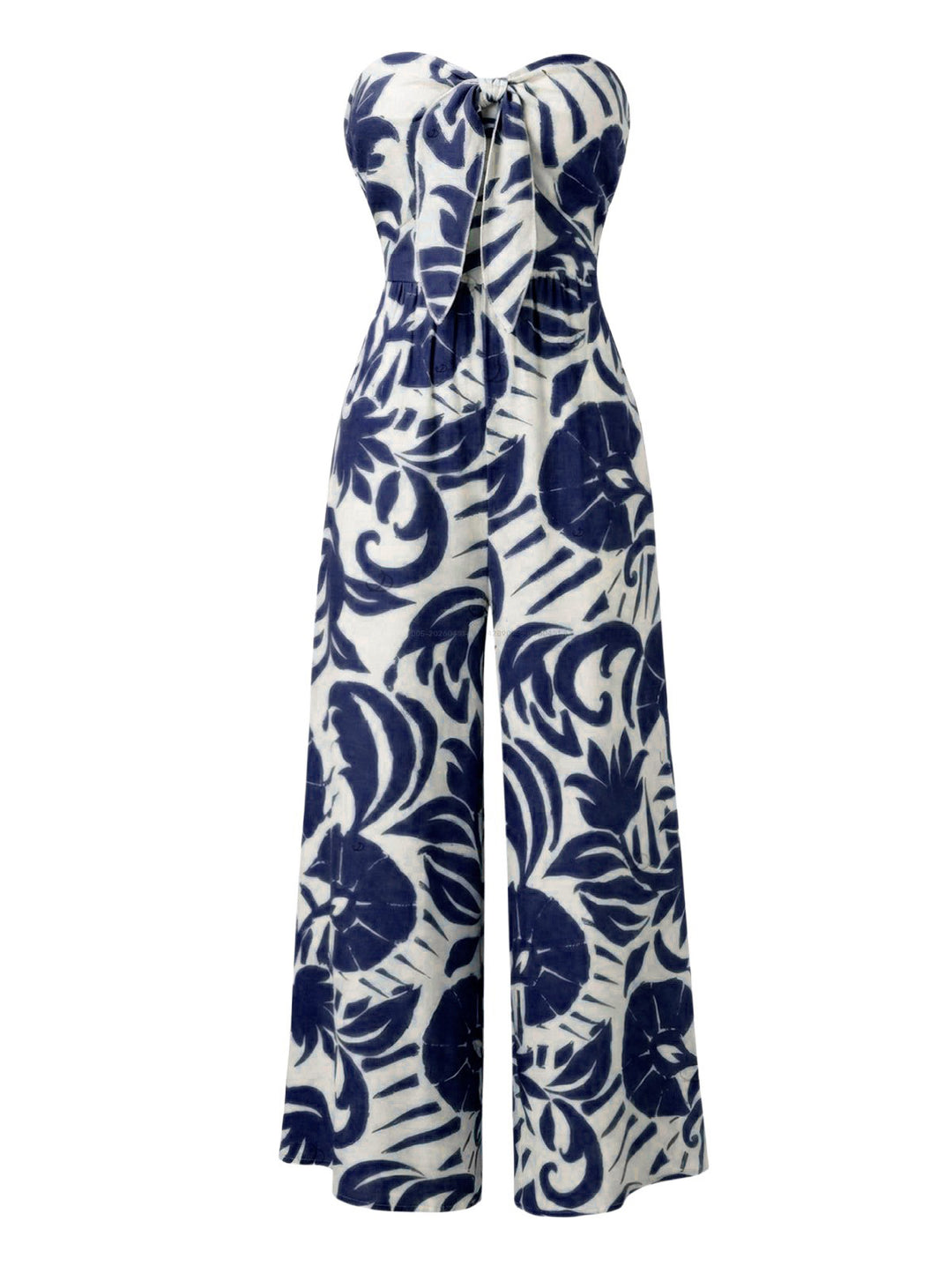 Botanical Leaf Silhouette Print Bowknot Wide Leg Jumpsuit