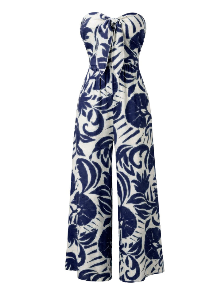 Botanical Leaf Silhouette Print Bowknot Wide Leg Jumpsuit