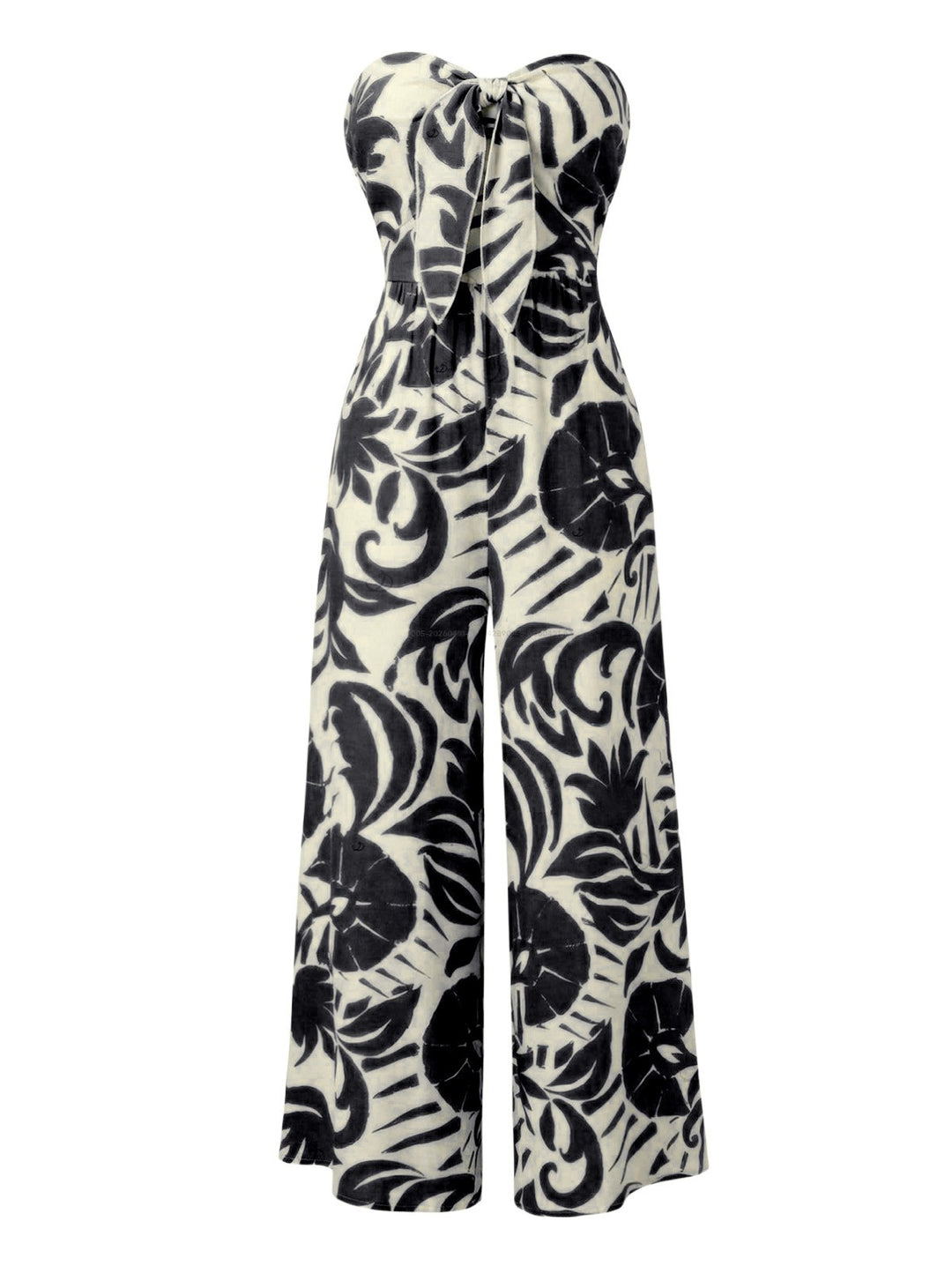 Botanical Leaf Silhouette Print Bowknot Wide Leg Jumpsuit