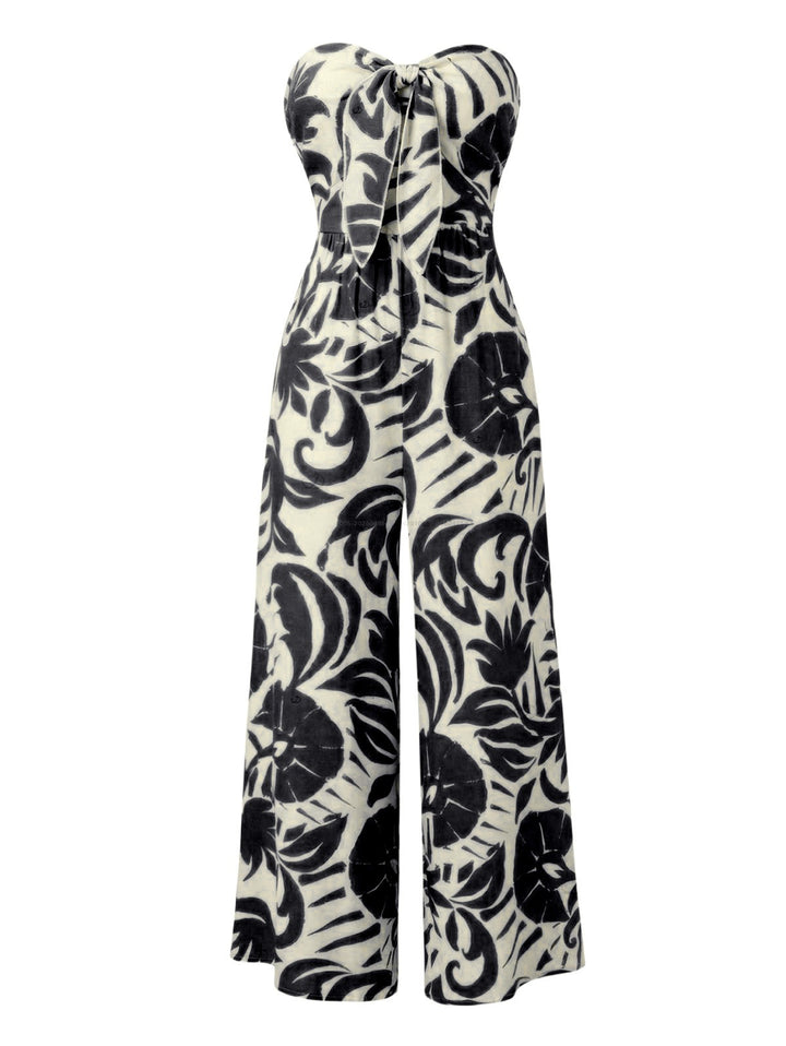 Botanical Leaf Silhouette Print Bowknot Wide Leg Jumpsuit