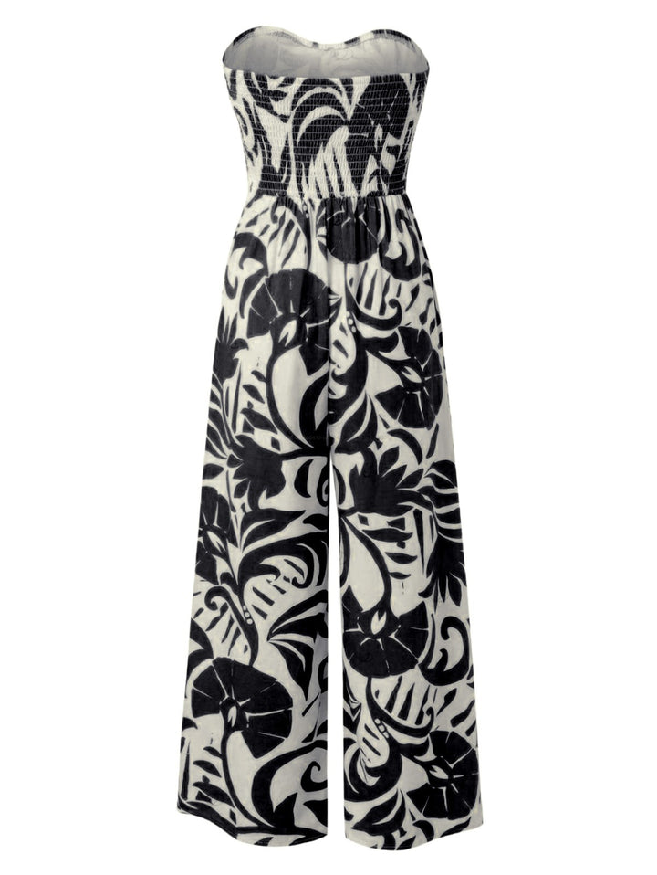 Botanical Leaf Silhouette Print Bowknot Wide Leg Jumpsuit