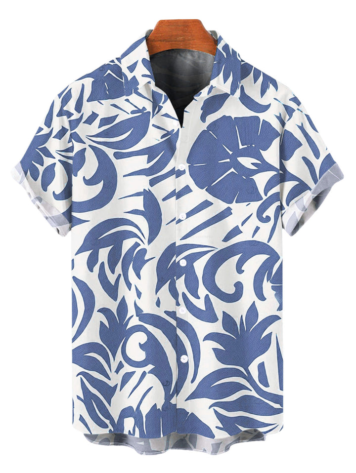 Men's Botanical Leaf Scroll Silhouette Print Button Up Vacation Shirt