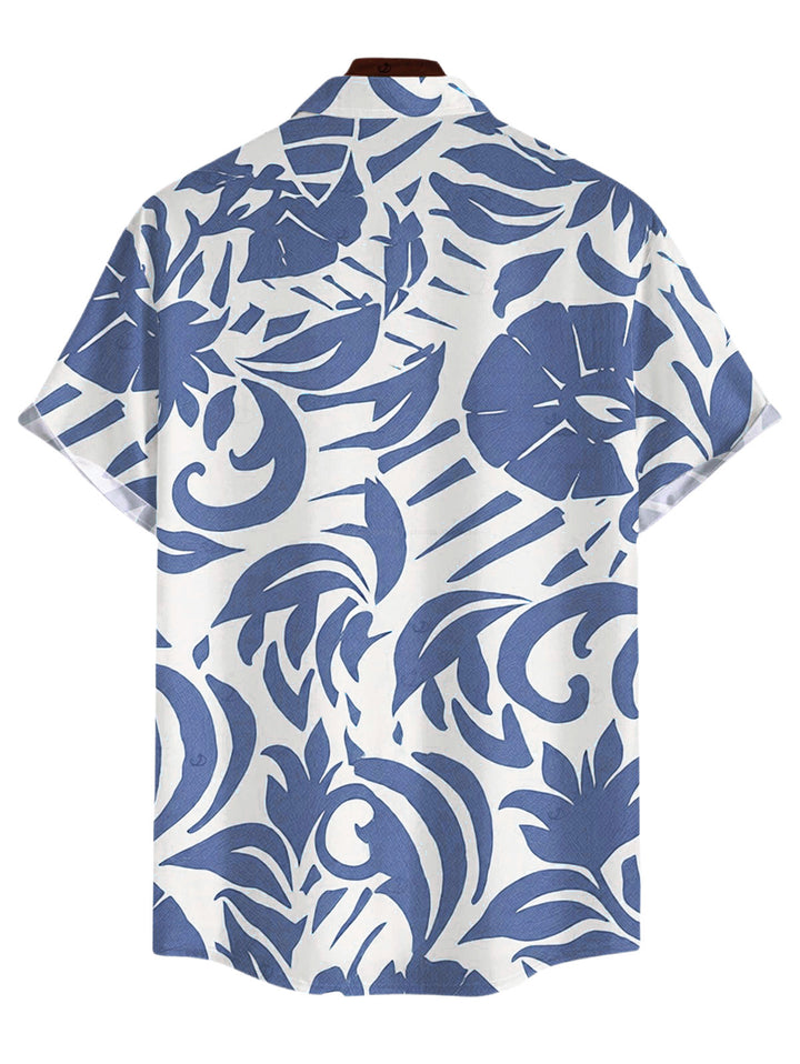 Men's Botanical Leaf Scroll Silhouette Print Button Up Vacation Shirt