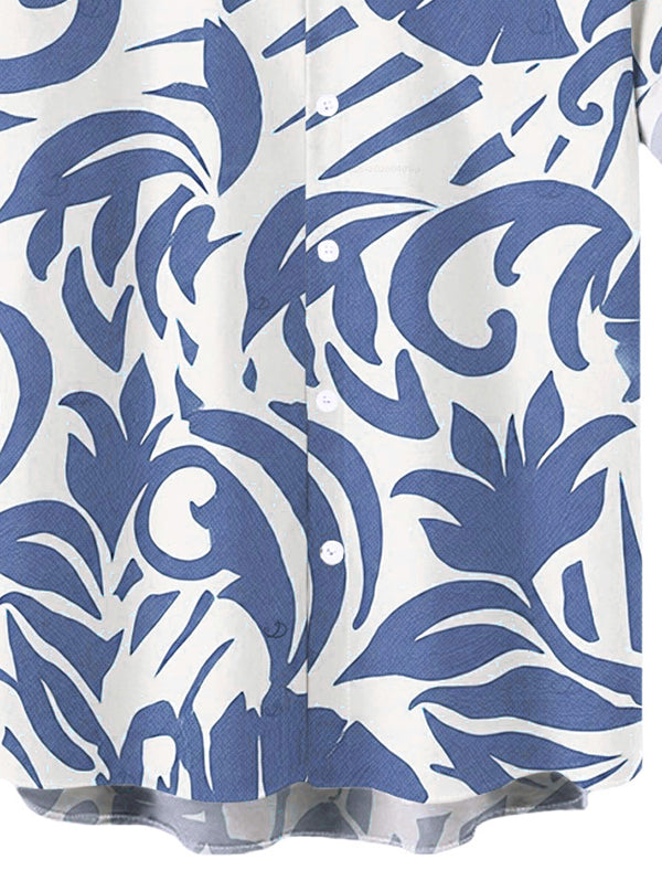 Men's Botanical Leaf Scroll Silhouette Print Button Up Vacation Shirt
