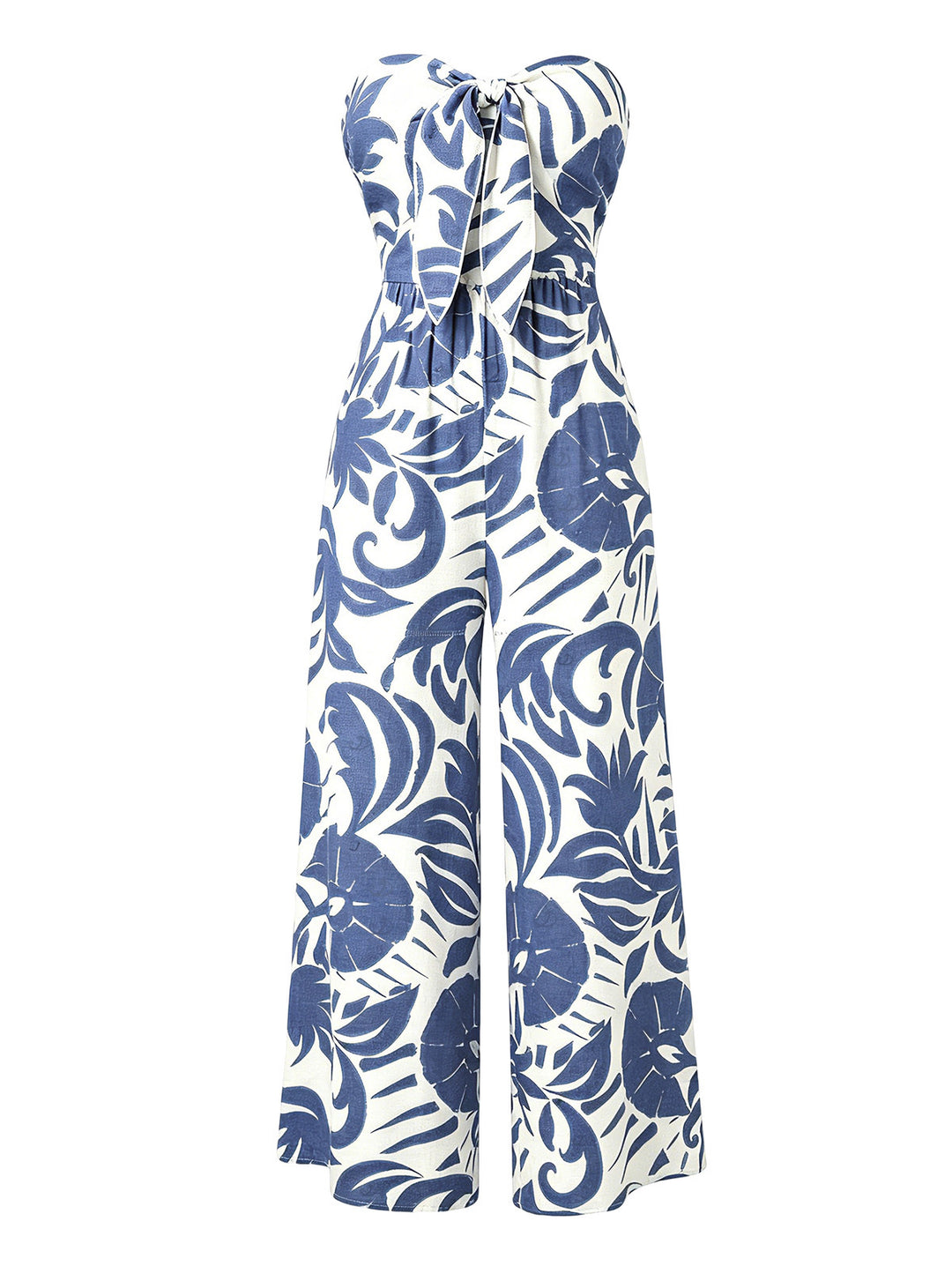 Botanical Leaf Silhouette Print Bowknot Wide Leg Jumpsuit