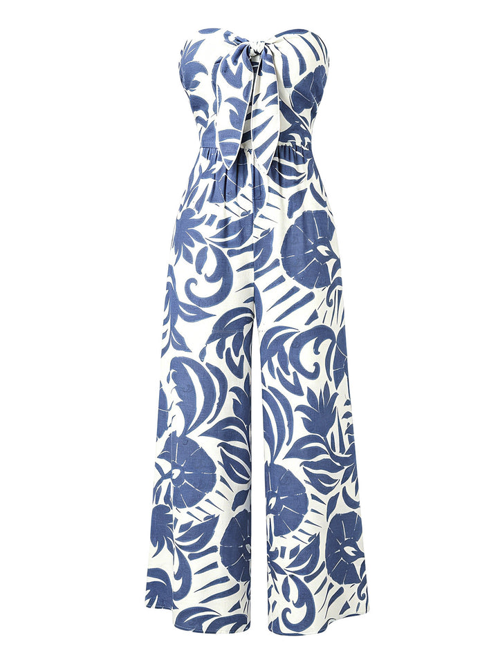 Botanical Leaf Silhouette Print Bowknot Wide Leg Jumpsuit