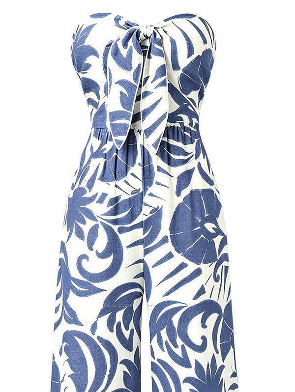 Botanical Leaf Silhouette Print Bowknot Wide Leg Jumpsuit