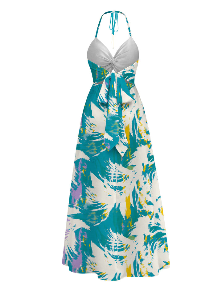 Tie Dye Abstract Feather Brushstroke Print Twisted Cut Out Slit Halter Dress