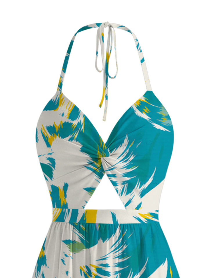 Tie Dye Abstract Feather Brushstroke Print Twisted Cut Out Slit Halter Dress