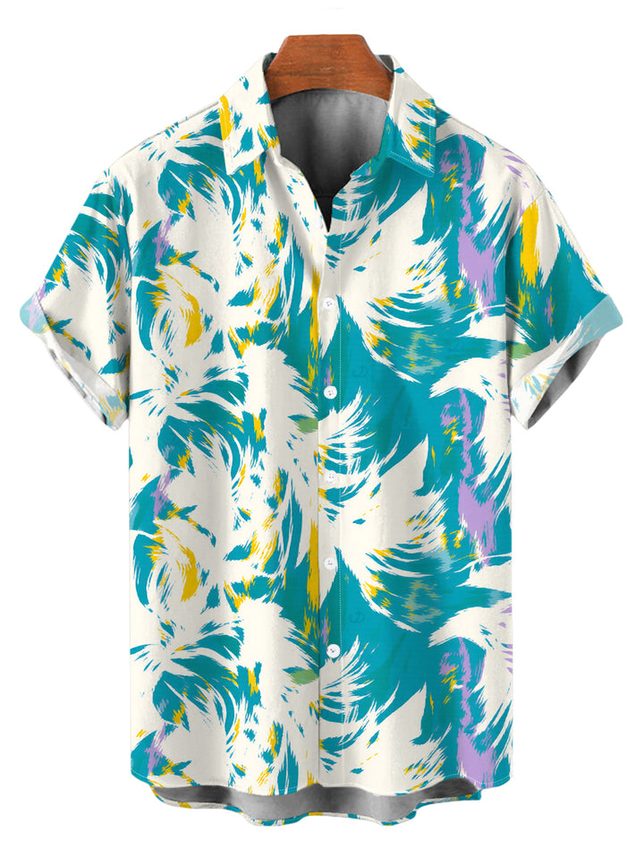 Men's Tie Dye Abstract Feather Brushstroke Print Button Up Vacation Shirt