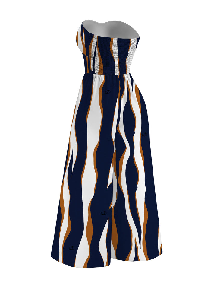 Colorblock Abstract Wavy Stripe Print Tied Pocket Off the Shoulder Vacation Jumpsuit