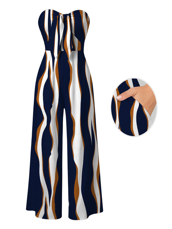 Colorblock Abstract Wavy Stripe Print Tied Pocket Off the Shoulder Vacation Jumpsuit