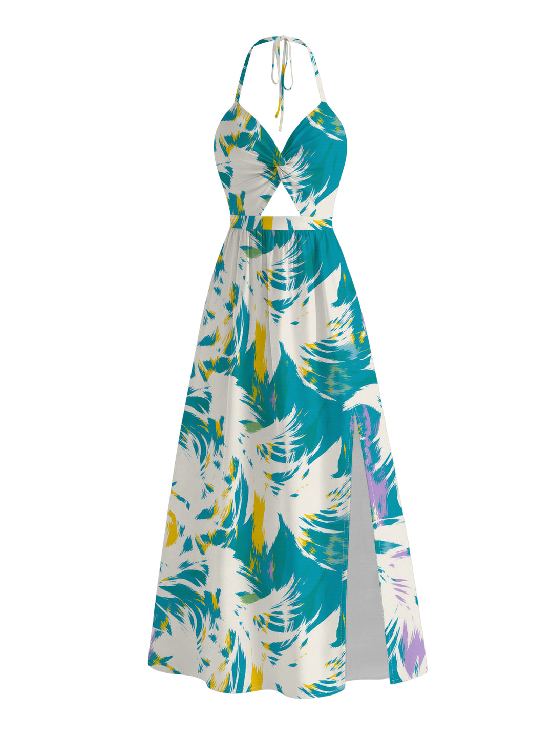 Tie Dye Abstract Feather Brushstroke Print Twisted Cut Out Slit Halter Dress