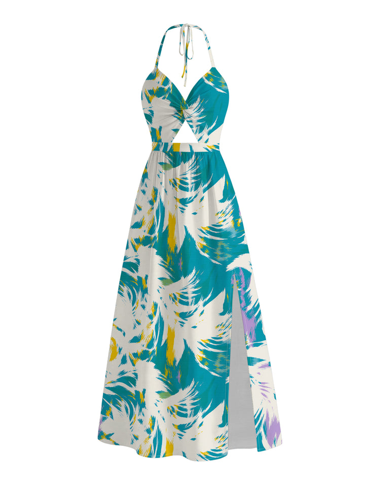Tie Dye Abstract Feather Brushstroke Print Twisted Cut Out Slit Halter Dress