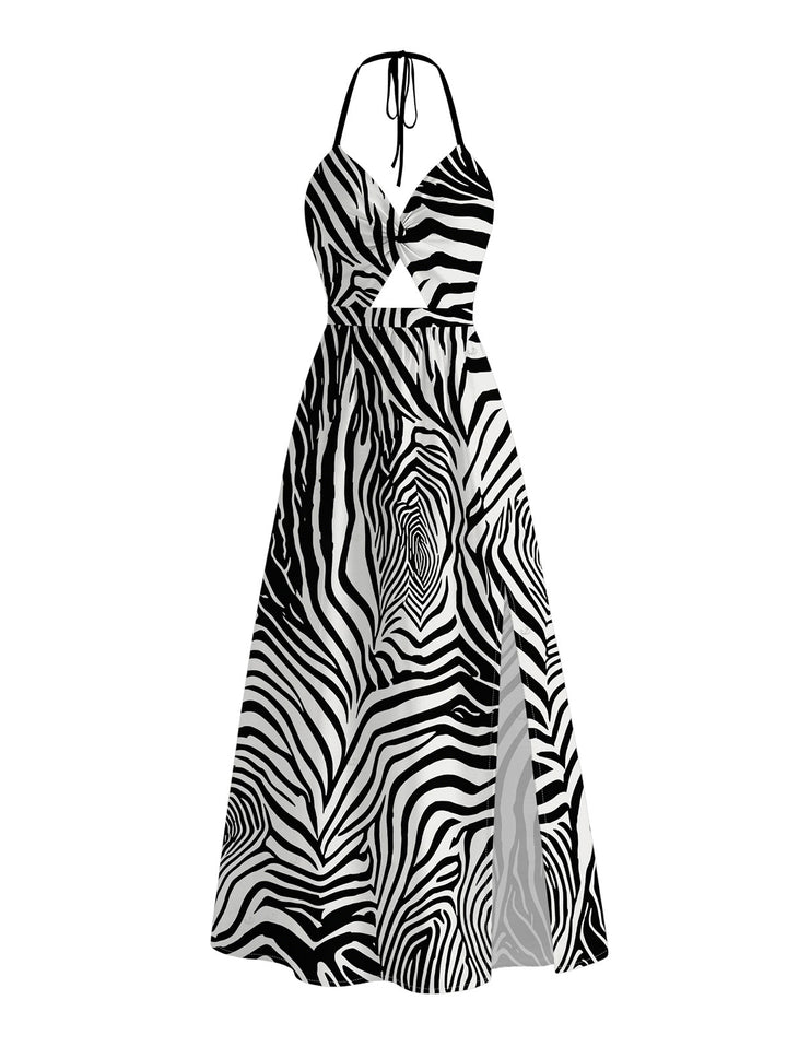 Monochrome Zebra Animal Print Twisted Cut Out Open Back Slit Haler Dress