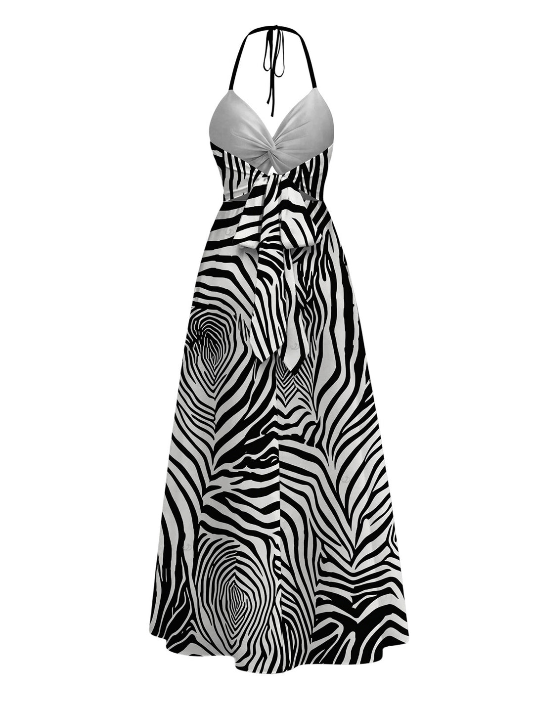 Monochrome Zebra Animal Print Twisted Cut Out Open Back Slit Haler Dress