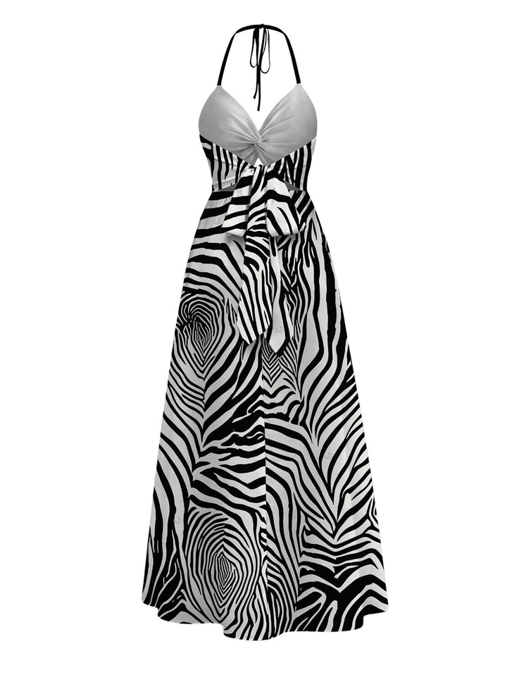 Monochrome Zebra Animal Print Twisted Cut Out Open Back Slit Haler Dress