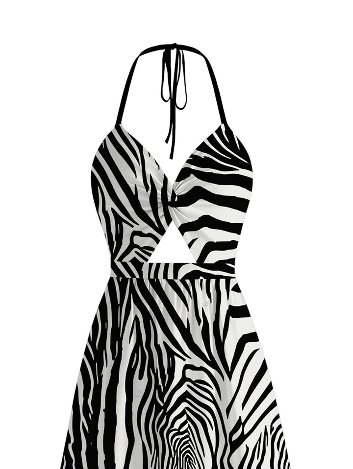 Monochrome Zebra Animal Print Twisted Cut Out Open Back Slit Haler Dress