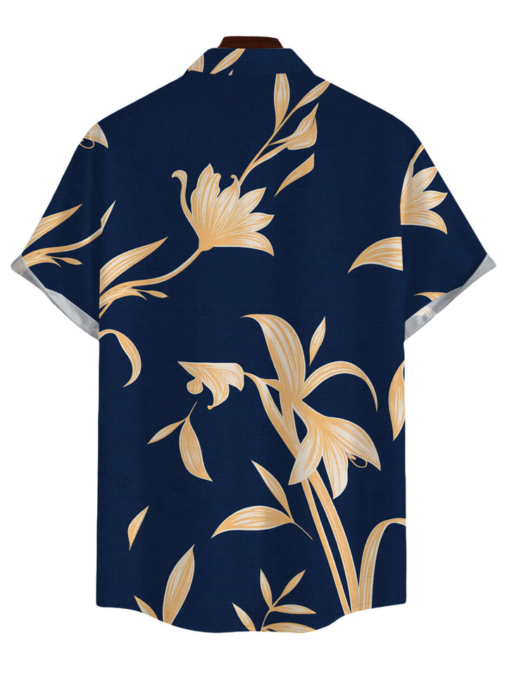 Men's Golden Hand?Drawn Orchid Floral Print Button Up Vacation Shirt